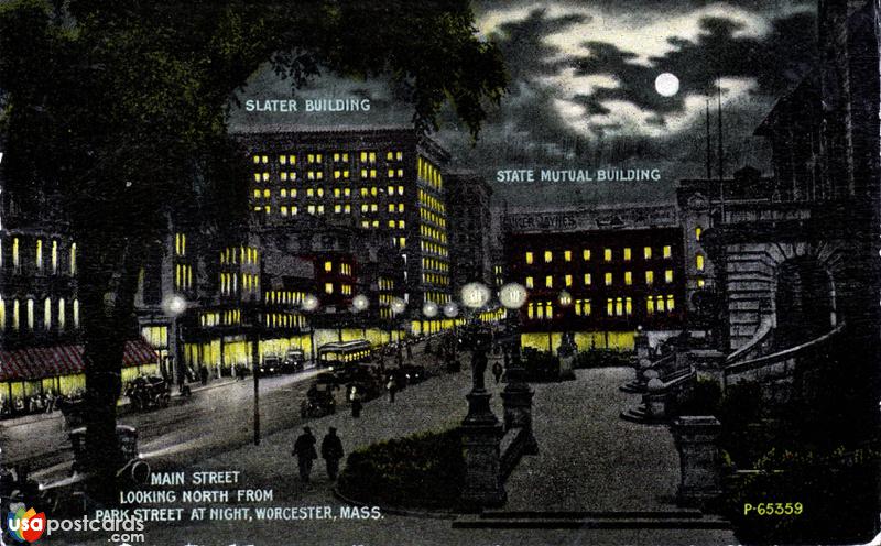 Pictures of Worcester, Massachusetts: Main Street, looking North from Park Street at night