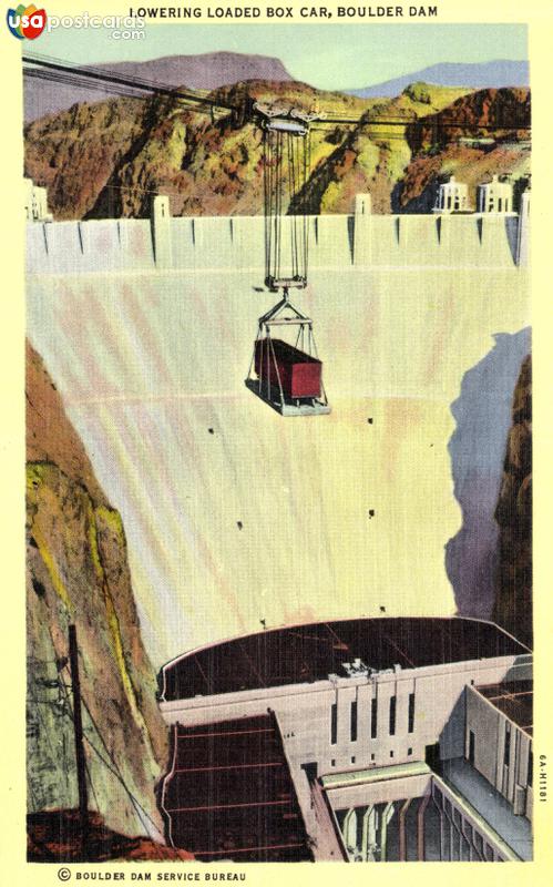 Pictures of Boulder Dam, Nevada: Lowering Loaded Box Car