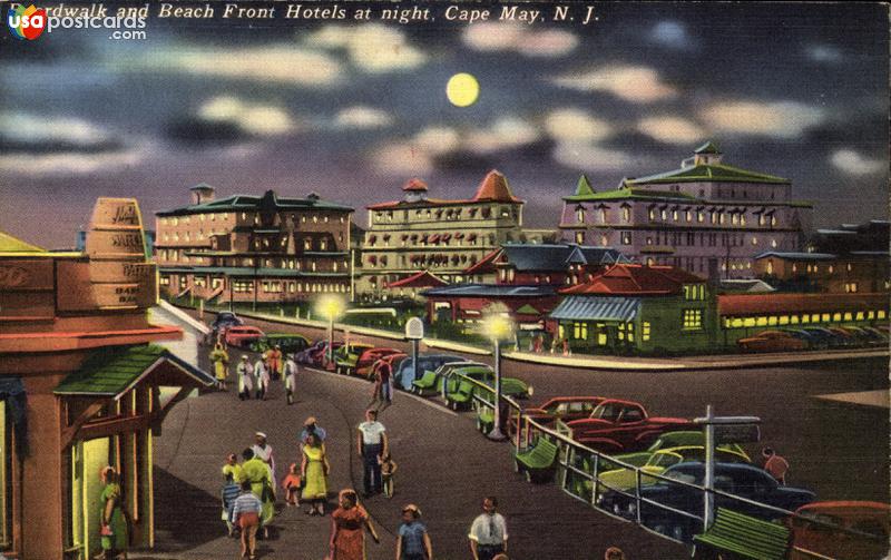 Pictures of Cape May, New Jersey: Boarwalk and Beach Front Hotels at night