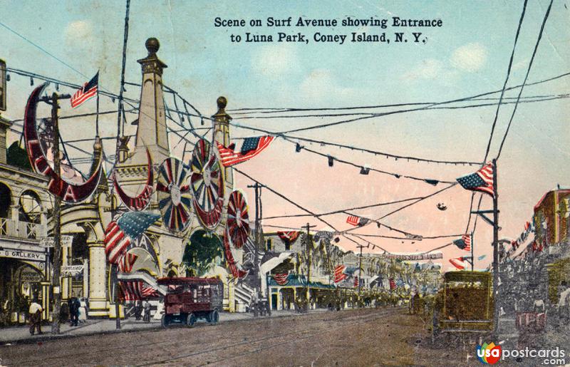 Pictures of Coney Island, New York: Scene on Surf Avenue showing Entrance to Luna Park