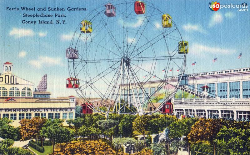 Pictures of Coney Island, New York: Ferris Wheel and Sunken Gardens, Steeplechase Park
