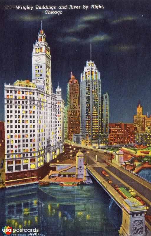 Pictures of Chicago, Illinois: Wrigley buildings and river by night
