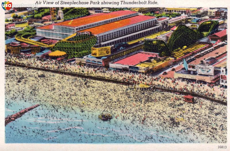 Pictures of Coney Island, New York: Air view of Steeplechase Park showing Thunderbolt Ride