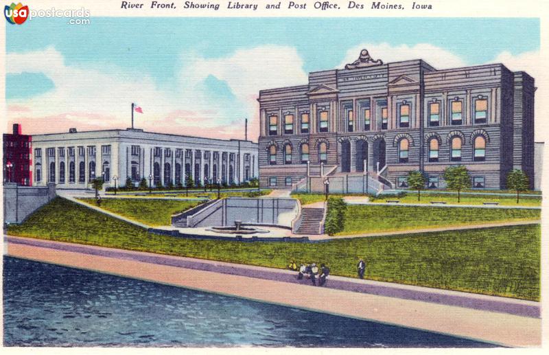 Pictures of Des Moines, Iowa: River front, showing Library and Post Office