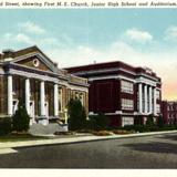 Broad Street, showing First M. E. Church, Junior High School and Auditorium