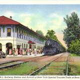 Scene showing S.A.L. railway station and arrival of New York Special Tourists Train