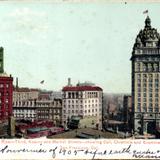 Newspaper Row, 3rd and Market Streets, showing Call, Chronicle and Examiner Buildings